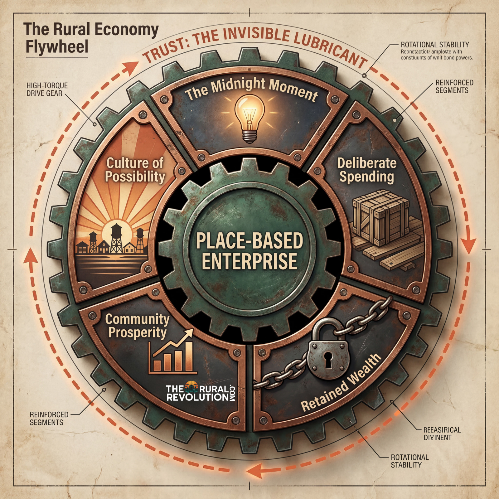 The Rural Economy Flywheel showing the system for rebuilding local economies